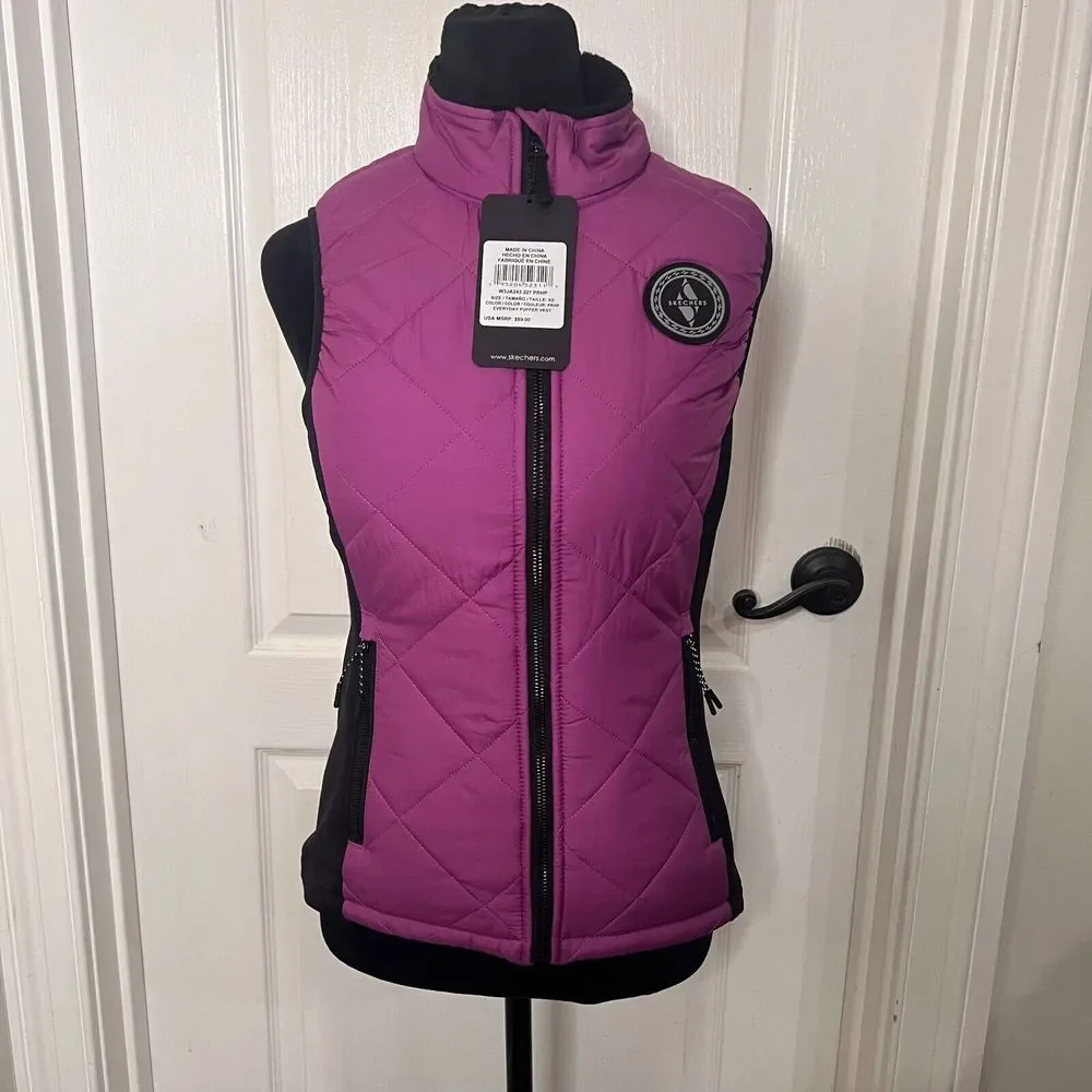 Skechers‎ Everyday Puffer Vest Womens XS Purple Black Quilted Sherpa W3JA243 NEW